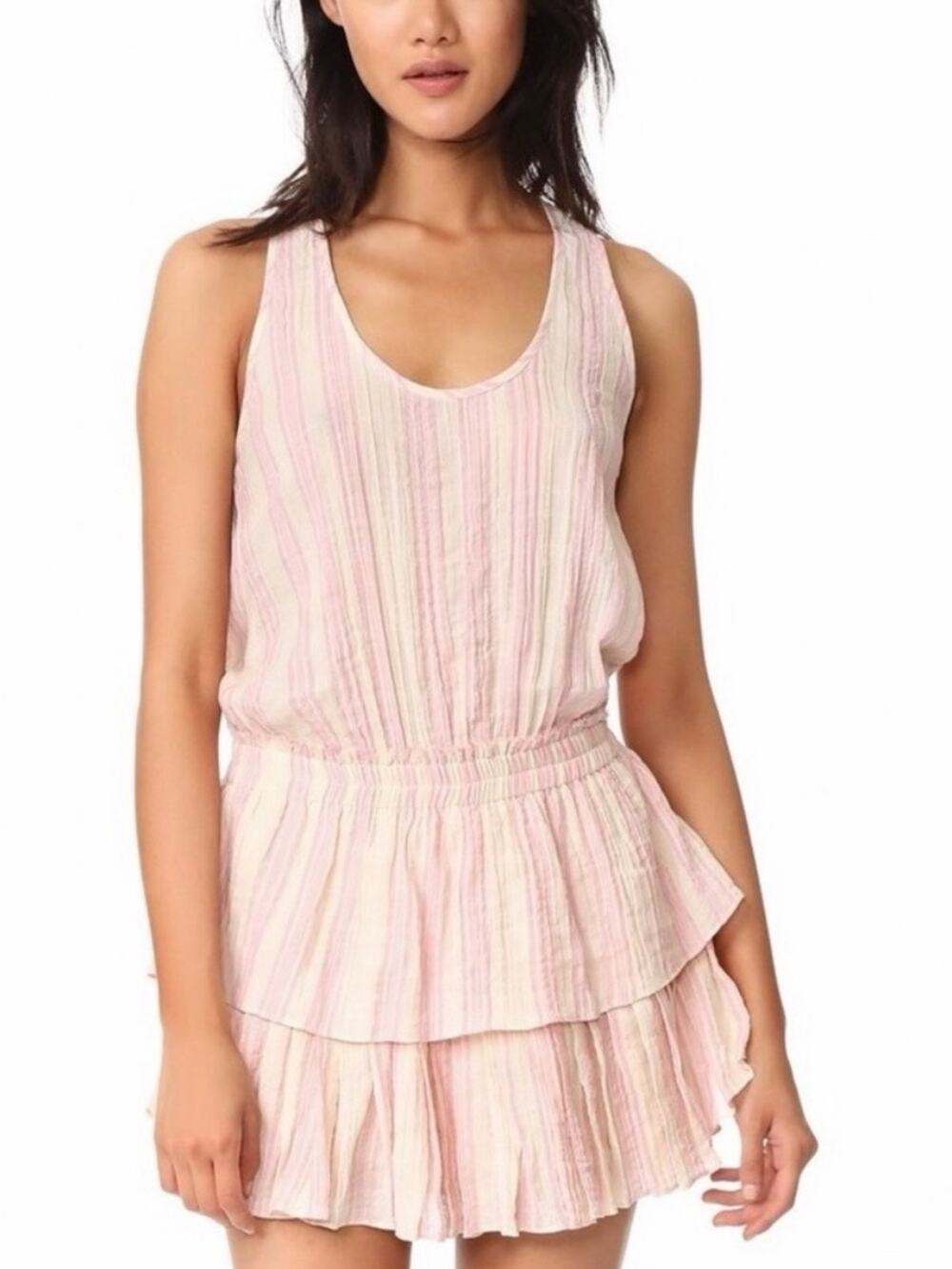 Love Shack Fancy $295 Ruffle Racer Pink Stripe Tiered Ruffle Mini Dress XS EUC